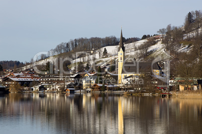 Bavarian lake Schliersee with with blue sky in winter