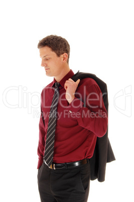 Man with jacket over shoulder.