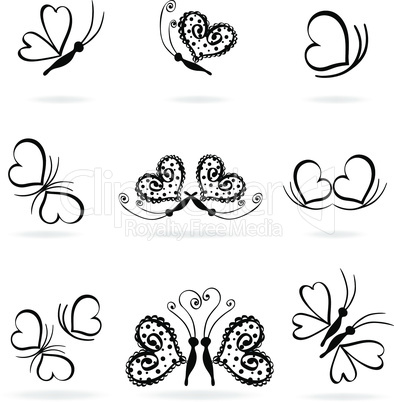 Set of vector butterflies and hearts
