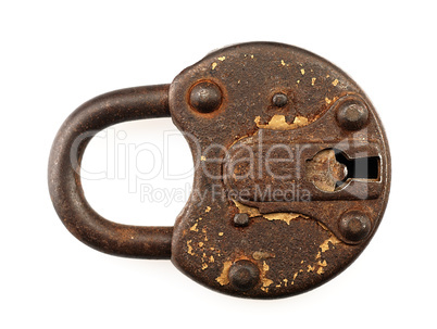 Rusty padlock on a white background.