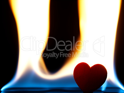 Flaming heart on a black background.