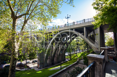 Segovia Viaduct on spring in the city of Madrid