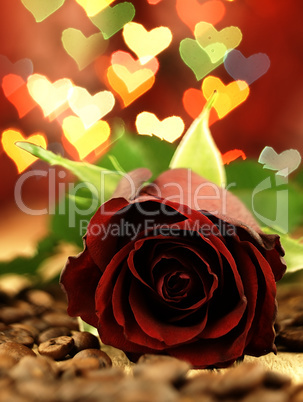 Red rose on a wooden table and hearts.