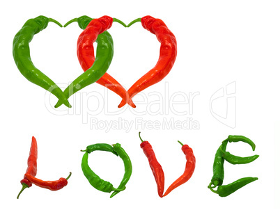 Two hearts and word Love composed of green and red chili peppers