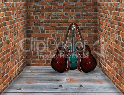 three guitars in the corner of the room