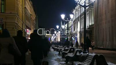 Pedestrian street at night in the winter in Moscow in 2015