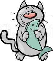 happy cat with fish cartoon