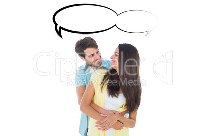 Composite image of happy casual couple smiling at each other