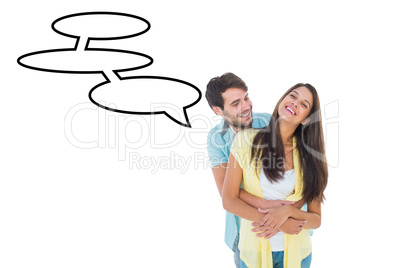 Composite image of happy casual couple smiling and hugging Composite image of happy casual couple smiling and hugging