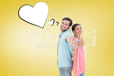 Composite image of happy couple showing thumbs up
