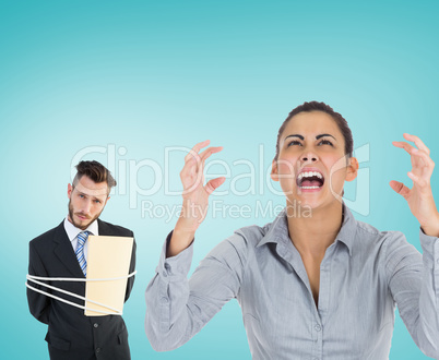 Composite image of furious businesswoman gesturing