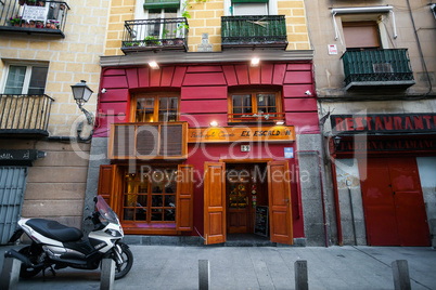 La Chat restaurant painted facade on a spring day in Madrid