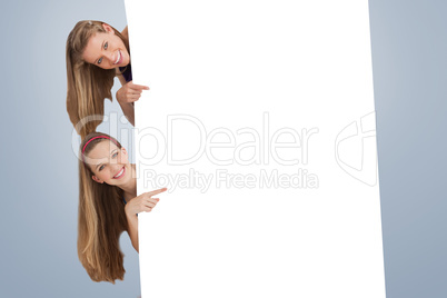Composite image of portrait of two long hair students pointing b