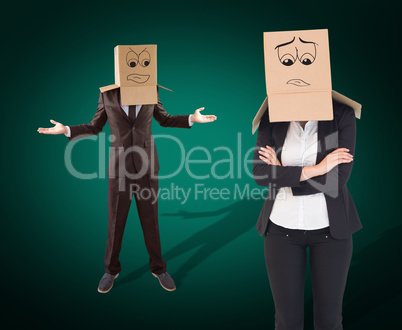 Composite image of businesswoman with box over head