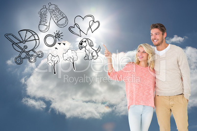 Composite image of attractive couple smiling and walking