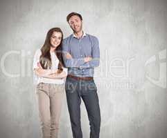 Composite image of smiling young couple with arms crossed