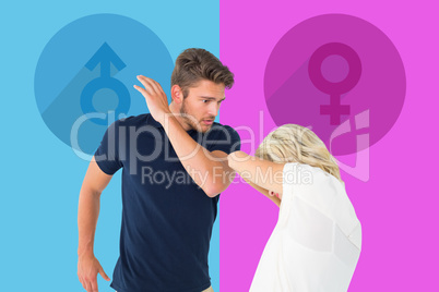 Composite image of angry man about to hit his girlfriend