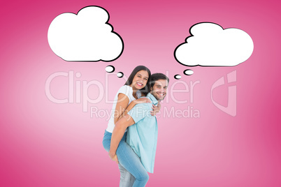 Composite image of happy casual man giving pretty girlfriend pig