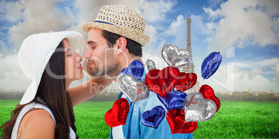 Composite image of happy hipster couple about to kiss