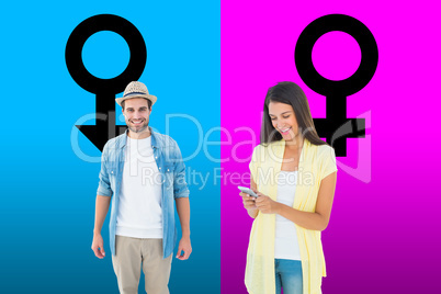 Composite image of happy casual woman sending a text