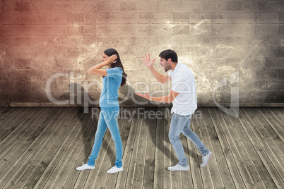 Composite image of angry boyfriend shouting at girlfriend