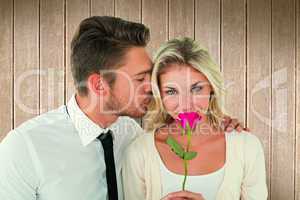 Composite image of handsome man kissing girlfriend on cheek hold