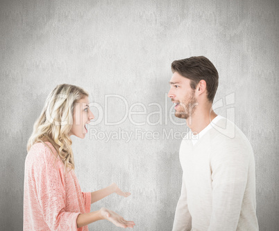 Composite image of attractive couple talking about something sho