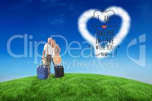 Composite image of happy couple ready to go on holiday