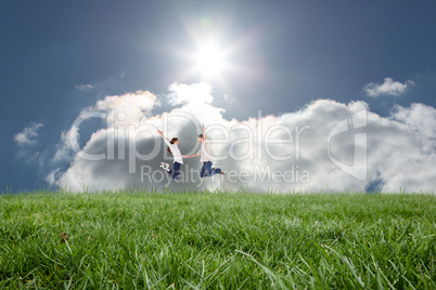 Composite image of couple jumping and holding hands