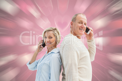 Composite image of happy mature couple talking on their phones