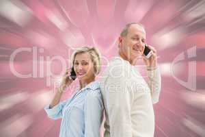 Composite image of happy mature couple talking on their phones
