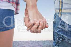 Composite image of couple in check shirts and denim holding hand