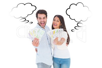 Composite image of happy couple showing their money