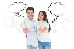 Composite image of happy couple showing their money