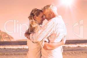 Happy couple on the beach touching faces