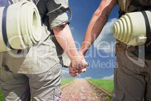 Composite image of hitch hiking couple standing holding hands on