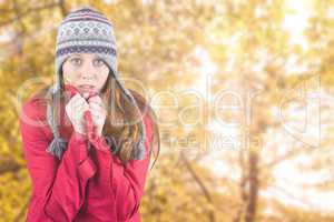 Composite image of cold redhead wearing coat and hat