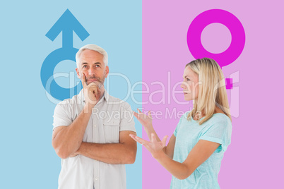 Composite image of unhappy couple having an argument with man no