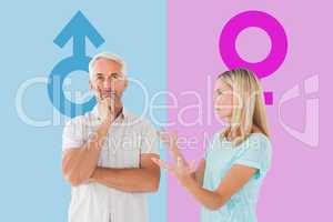 Composite image of unhappy couple having an argument with man no