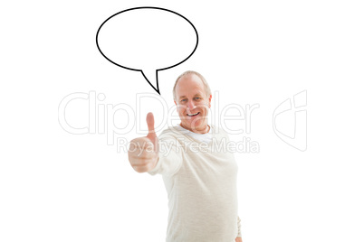 Composite image of happy mature man showing thumbs up to camera