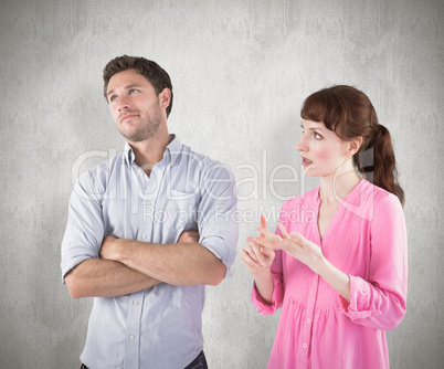 Composite image of woman arguing with uncaring man