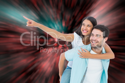 Composite image of happy casual man giving pretty girlfriend pig