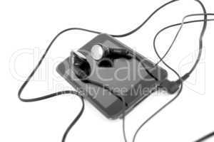 audio player with headphones isolated on white background