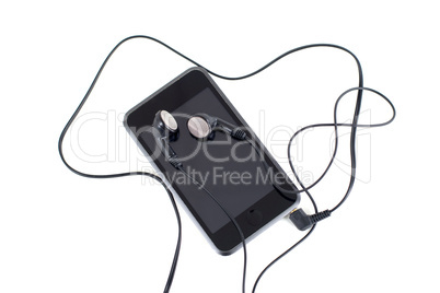 audio player with headphones isolated on white background