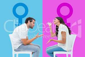 Composite image of couple sitting on chairs arguing