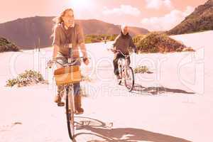 Carefree couple going on a bike ride on the beach