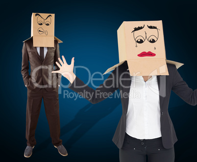 Composite image of anonymous businesswoman with her hands up