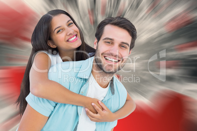 Composite image of happy casual man giving pretty girlfriend pig