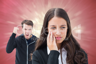 Composite image of unhappy brunette being threatened by boyfrien