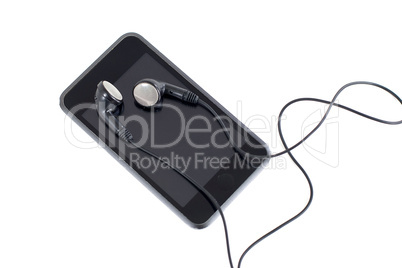 audio player with headphones isolated on white background